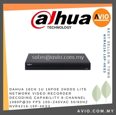 Dahua 16CH 1U 16PoE 2HDDs LITE NETWORK VIDEO RECORDER Decoding Capability 8-channel 1080p@30 fps 100C240VAC 50/60Hz NVR4216-16P-4KS3 