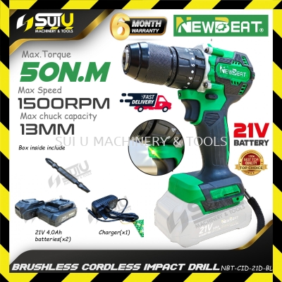 NEWBEAT NBT-CID-21D-BL 21V 50NM Brushless Cordless Impact Drill 1500RPM w/ 2Bat4.0Ah + 1 Char