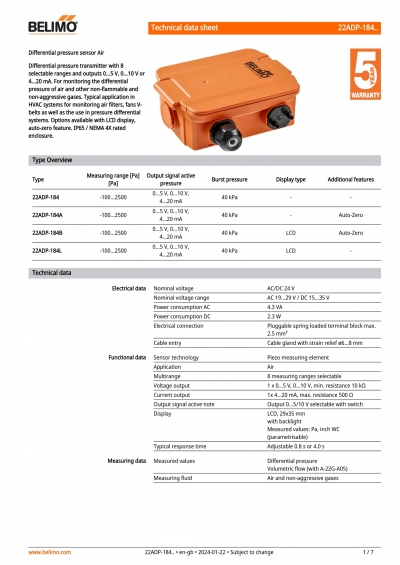 Belimo Differential pressure sensor Air 22ADP-184..