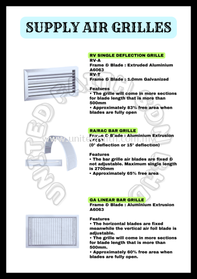 Supply Air Grille RV Single Grille / RA/RAC / GA Linear Bar Grille