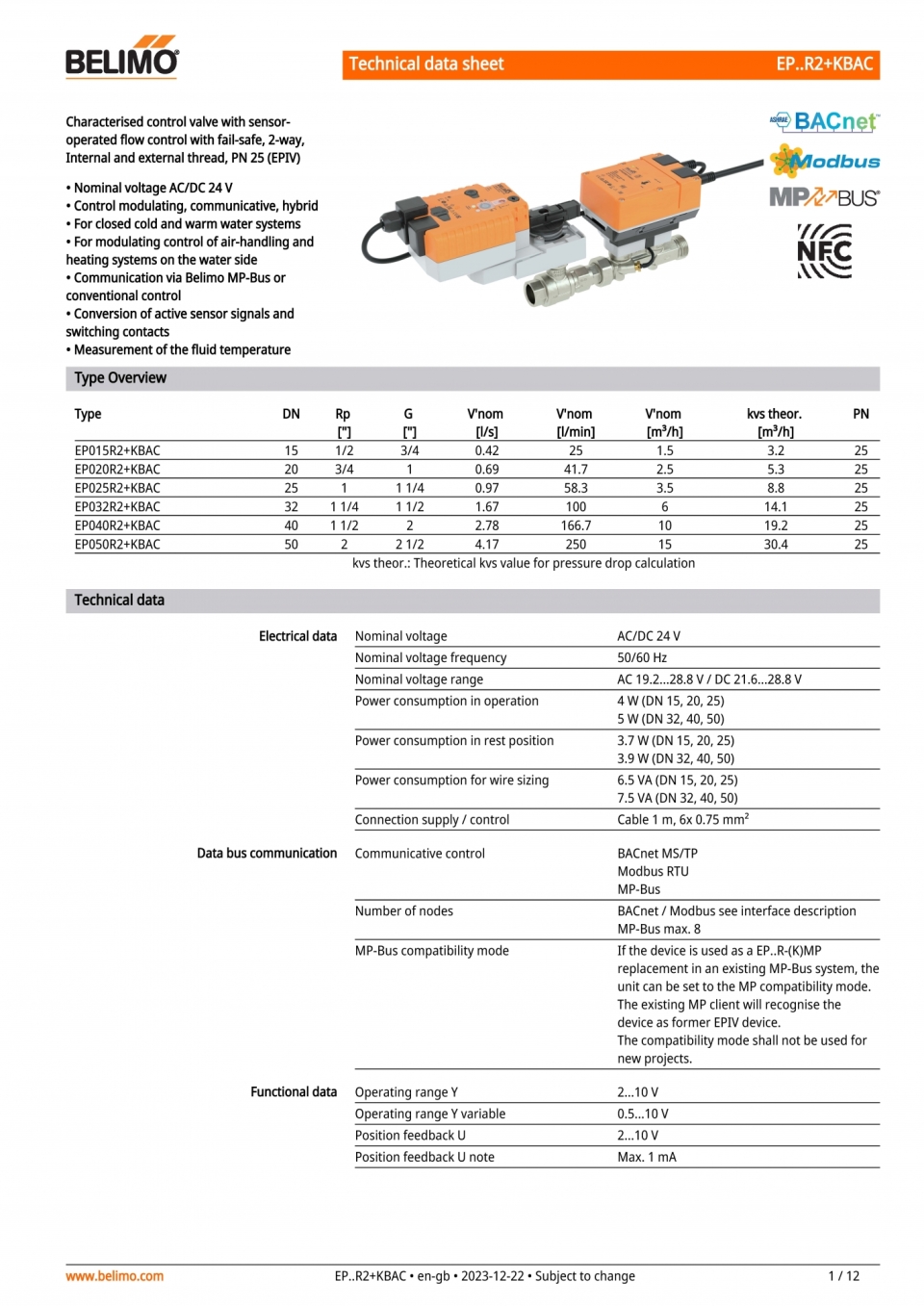 BELIMO EP..R2+KBAC Control Valve With Sensor Operated Flow Control With Fail-Safe, 2-way,