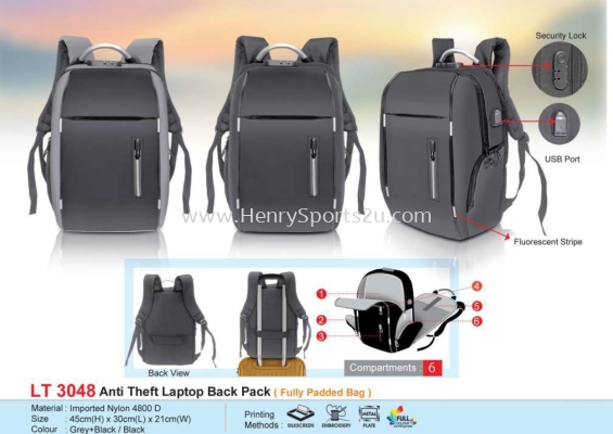 LT3048 Anti Theft Laptop Back Pack (Fully Padded Bag) 