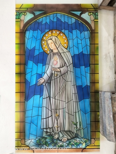 Stained Glass Mother Marry Design on Sandblasted Glass