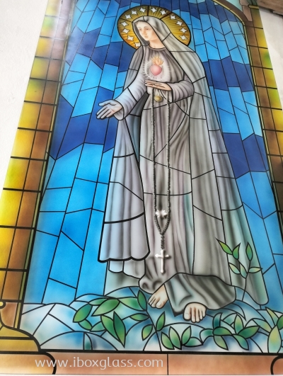 Stained Glass Mother Marry Design on Sandblasted Glass