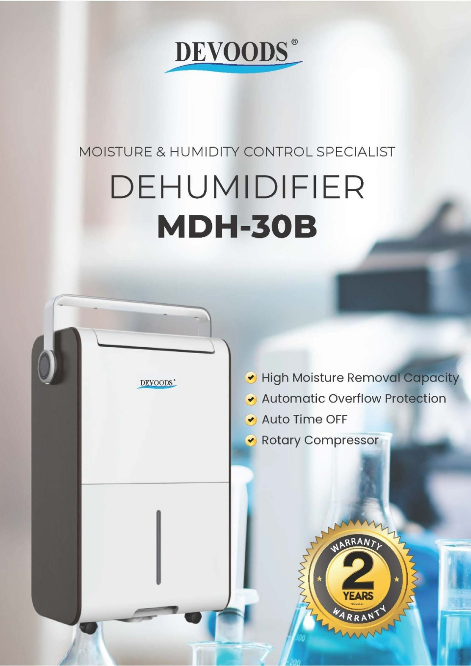 DEVOODS MDH-30B (30L/DAY) PORTABLE DEHUMIDIFIER (R134A REFRIGERANT)