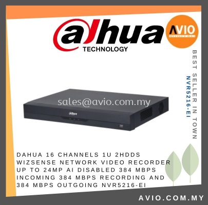 DAHUA 16 Channel 1U 2HDDs WizSense Network Video Recorder Up to 24MP AI disabled 384 Mbps incoming 384 Mbps recording and 384 Mbps outgoing NVR5216-EI