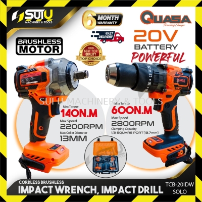 [SOLO-No Battery & Charger] QUASA TCB-20IDW / TCB20IDW / TWB-05550 / TDB-13140 20V Brushless Cordless Impact Wrench & Impact Drill