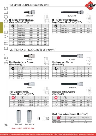 SNAP-ON Torx® Bit Sockets (Blue-point®) / Metric Hex Bit Sockets (Blue-point®)