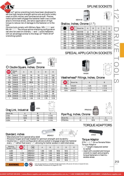 SNAP-ON Spline Sockets / Special Application Sockets / Torque Adaptors 