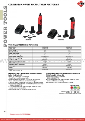 SNAP-ON Cordless: 14.4-Volt Microlithium Platforms - CGRS861/CGRR861 Series Die Grinders