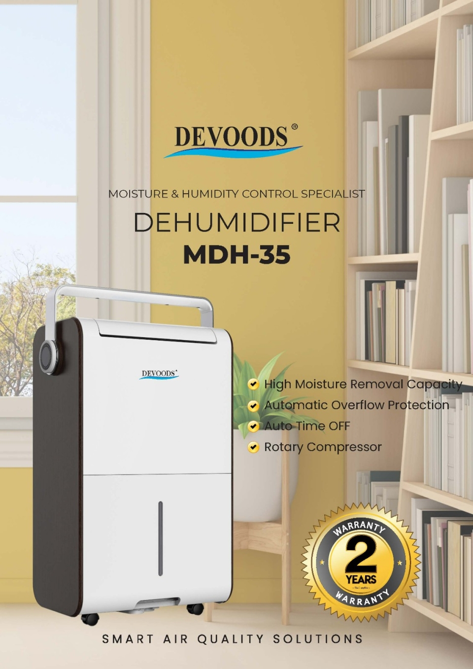 DEVOODS MDH-35 (35L/DAY) PORTABLE DEHUMIDIFIER (R134A REFRIGERANT) (15.9KG)