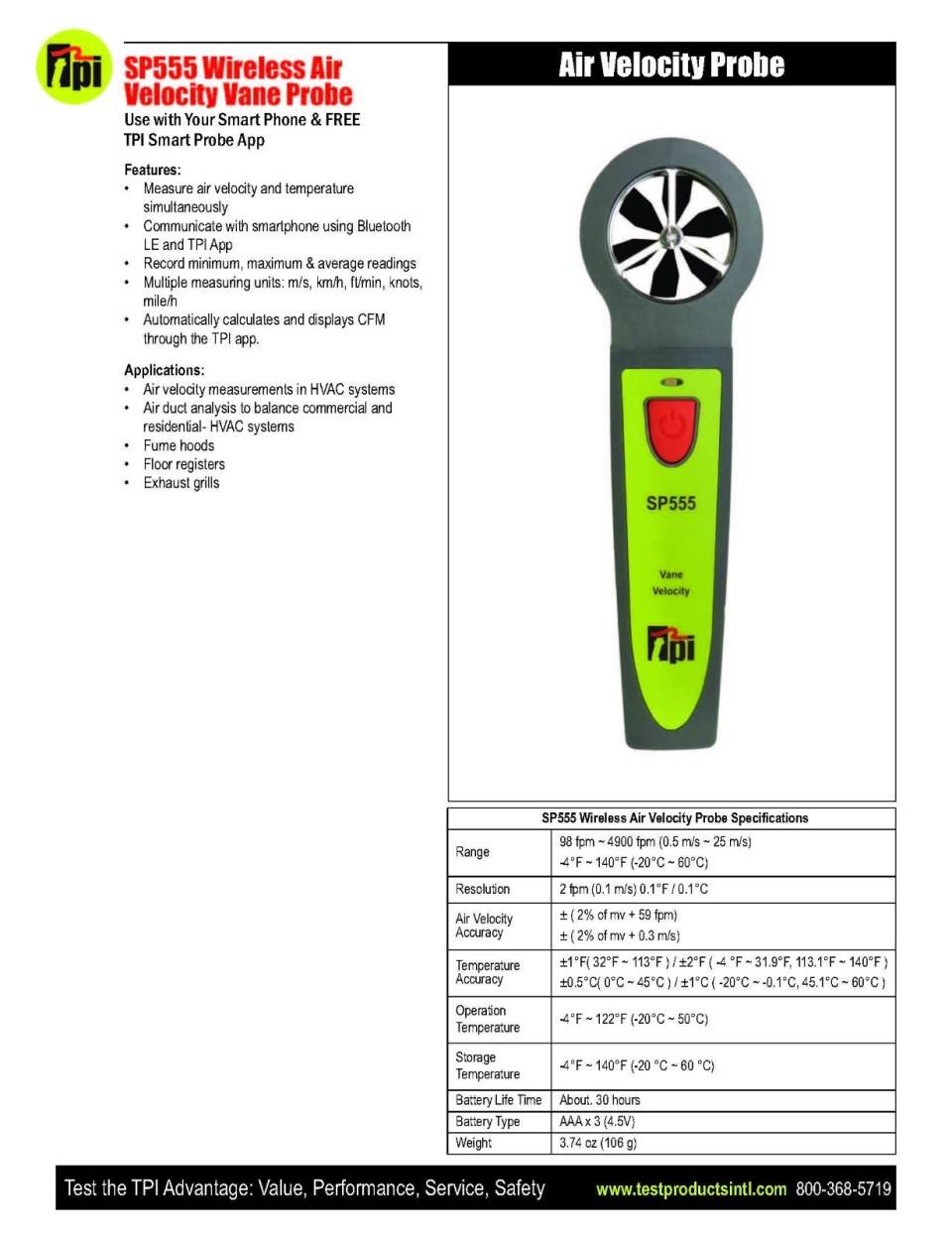 TPI SP555 WIRELESS VANE VELOCITY SMART PROBE (AIR VELOCITY/CFM/TEMP.) WITH APP