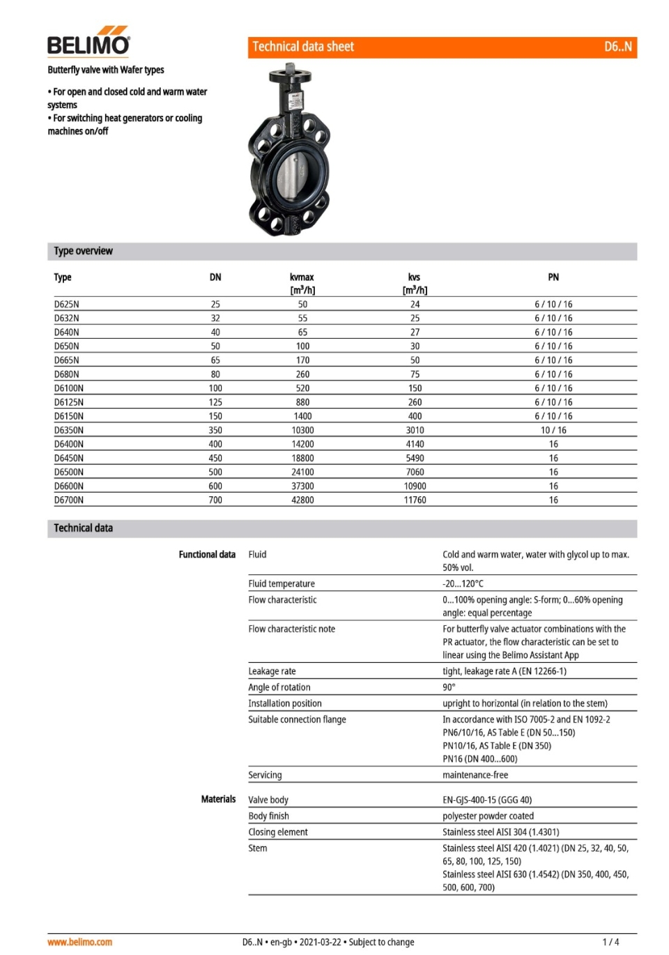 BELIMO D6..N BUTTERFLY VALVE WITH WAFER TYPES