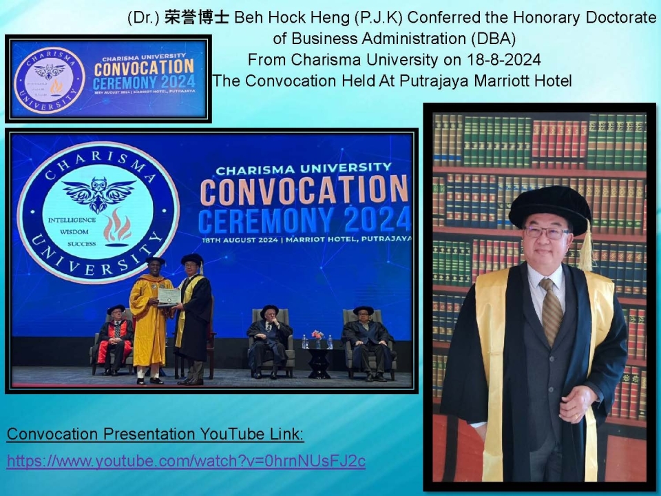 Mr. Beh conferred An Honorary Doctorate of Business Administration (DBA) from Charisma University