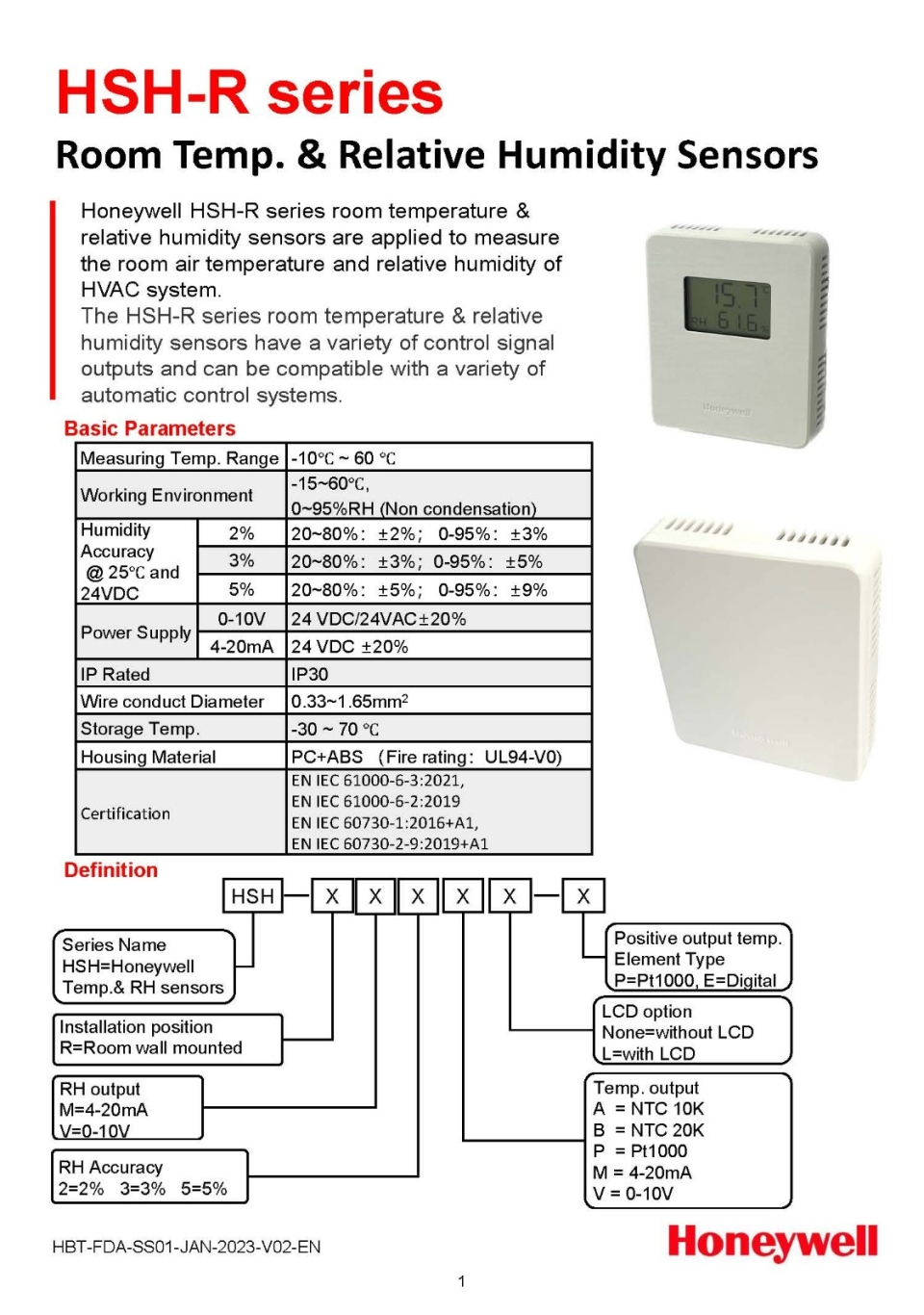 HONEYWELL HSH-R SERIES ROOM TEMPERATURE & RELATIVE HUMIDITY SENSORS