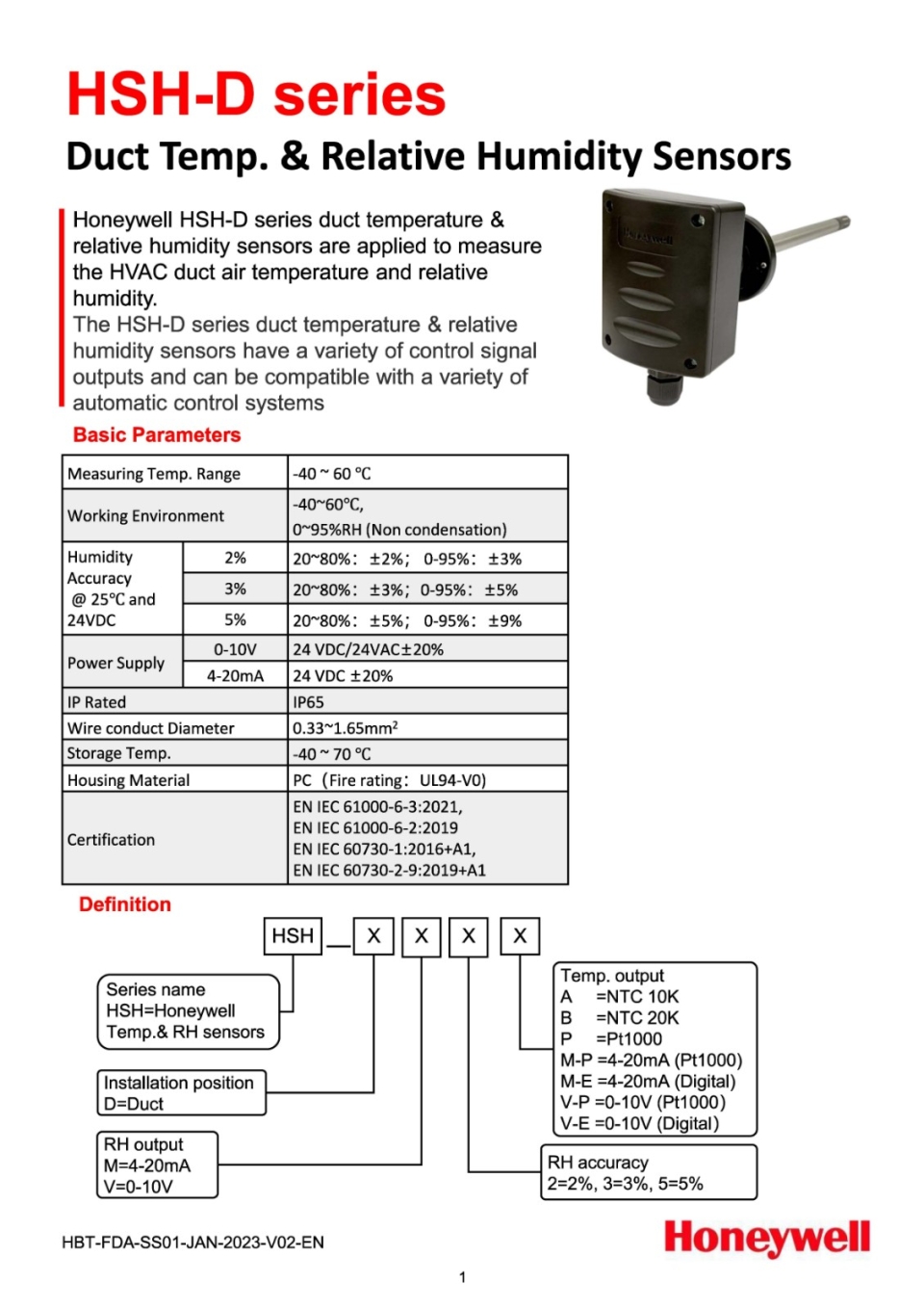 HONEYWELL HSH-D SERIES DUCT TEMPERATURE & RELATIVE HUMIDITY SENSORS
