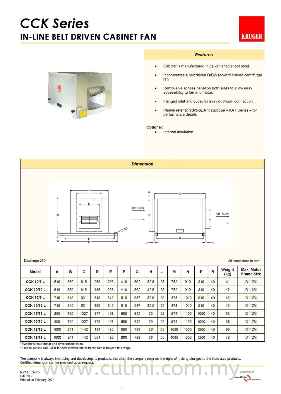 KRUGER CCK SERIES IN-LINE BELT DRIVEN CABINET FAN