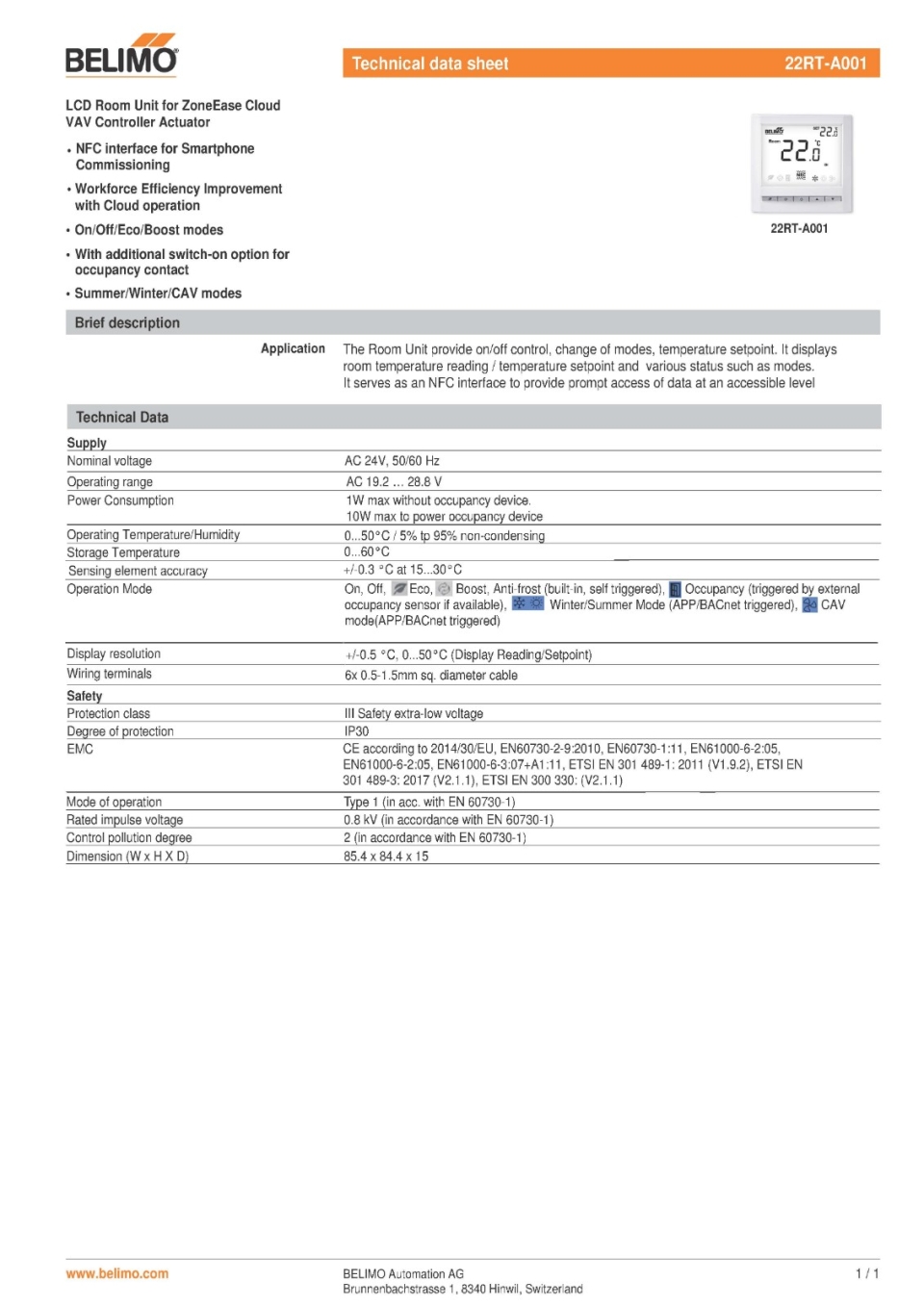BELIMO 22RT-A001 LCD ROOM UNIT (AC 24V, 50/60 HZ) FOR ZONEEASE CLOUD VAV CONTROLLER ACTUATOR