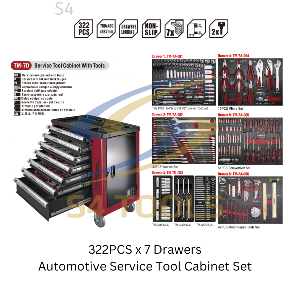 S4TOOLS 322Pcs x 7-Drawer Automotive Service Tool Cabinet