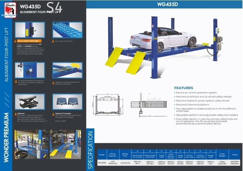 Wonder Taiwan | WG435D 4 Ton Electro-Hydraulic 4 Post Lift