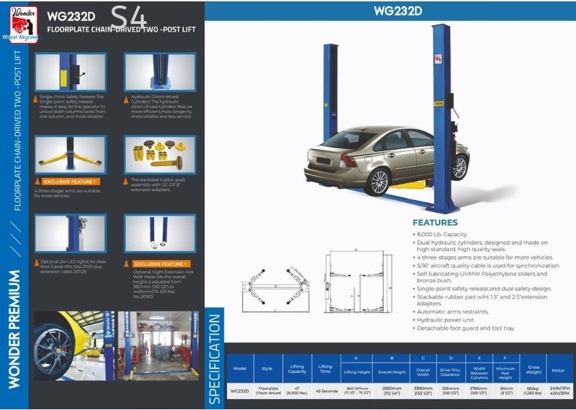 Wonder Taiwan | WG-232D 4 Ton Electro-Hydraulic Two (2) Post Lift (Floor Plate)