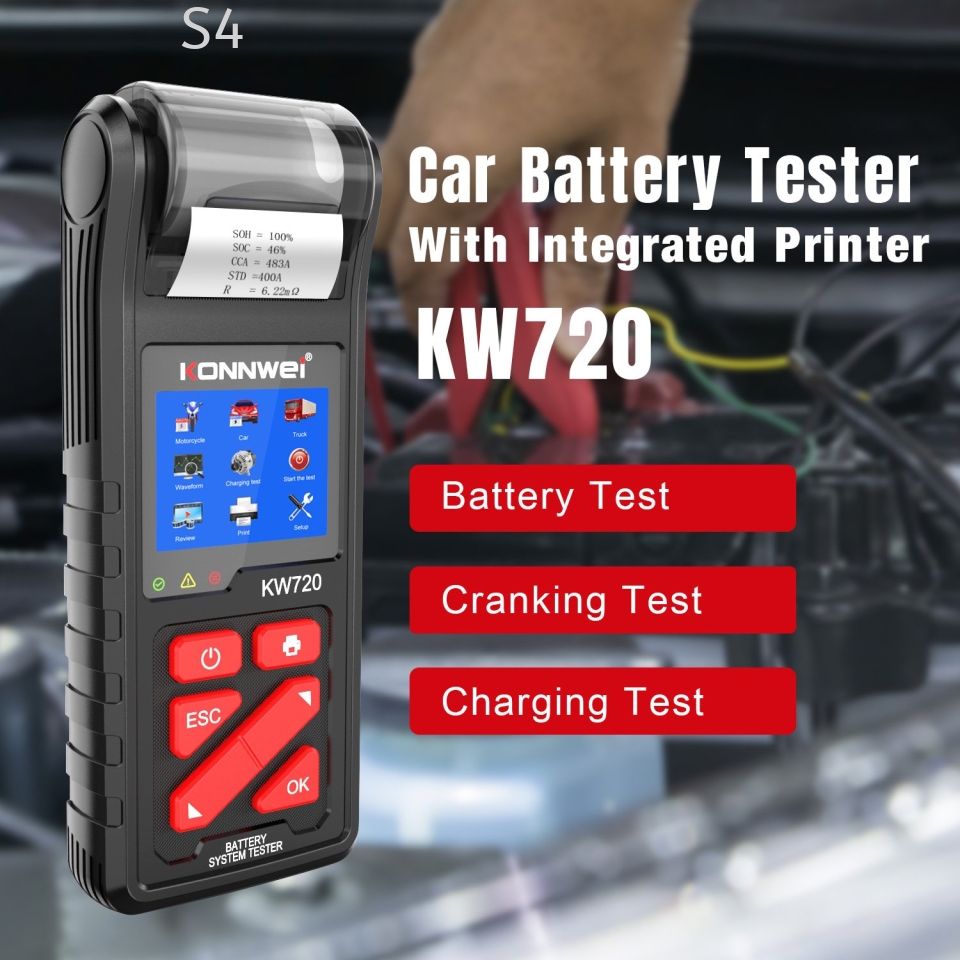 KonnWei KW720 | 6V/12V/24V Automotive DC Battery Tester (With Build-In Printer)