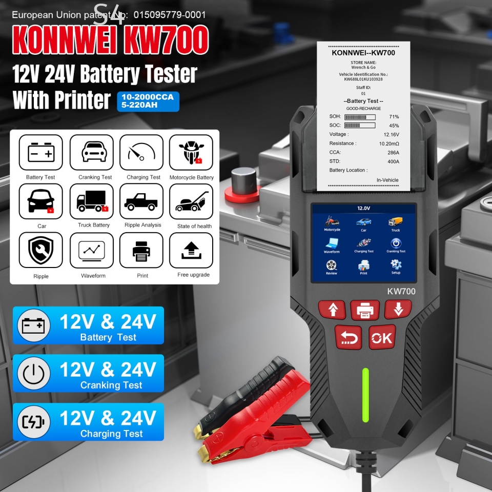 KonnWei KW700 | 12V/24V Automotive DC Battery Tester (With Build In Printer)