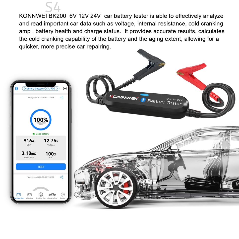 KonnWei BK200 | 6V/12V/24V Automotive DC Battery Tester (Bluetooth App)