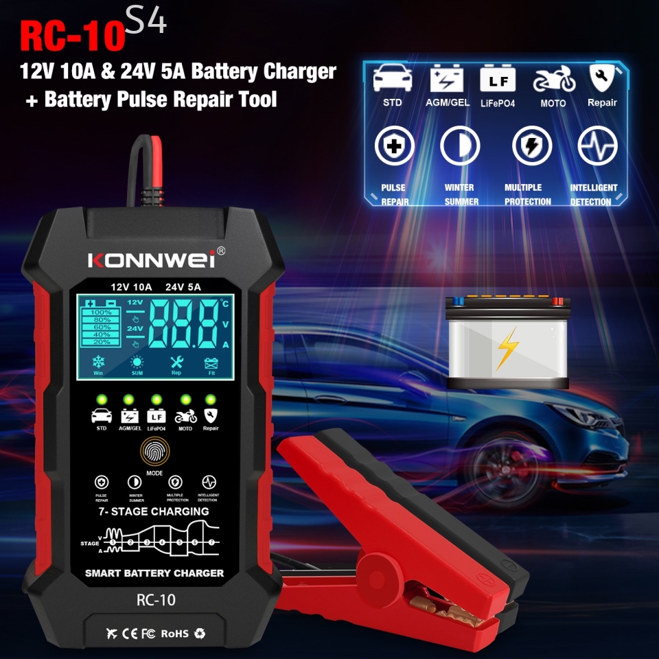 KonnWei RC-10 | 12V/24V Automotive DC Battery Intelligent Charge & Pulse Repair Charger