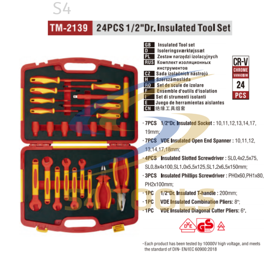 S4EV TM-2139 | 24Pcs 1/2" Combination VDE Insulated Service Tool Set
