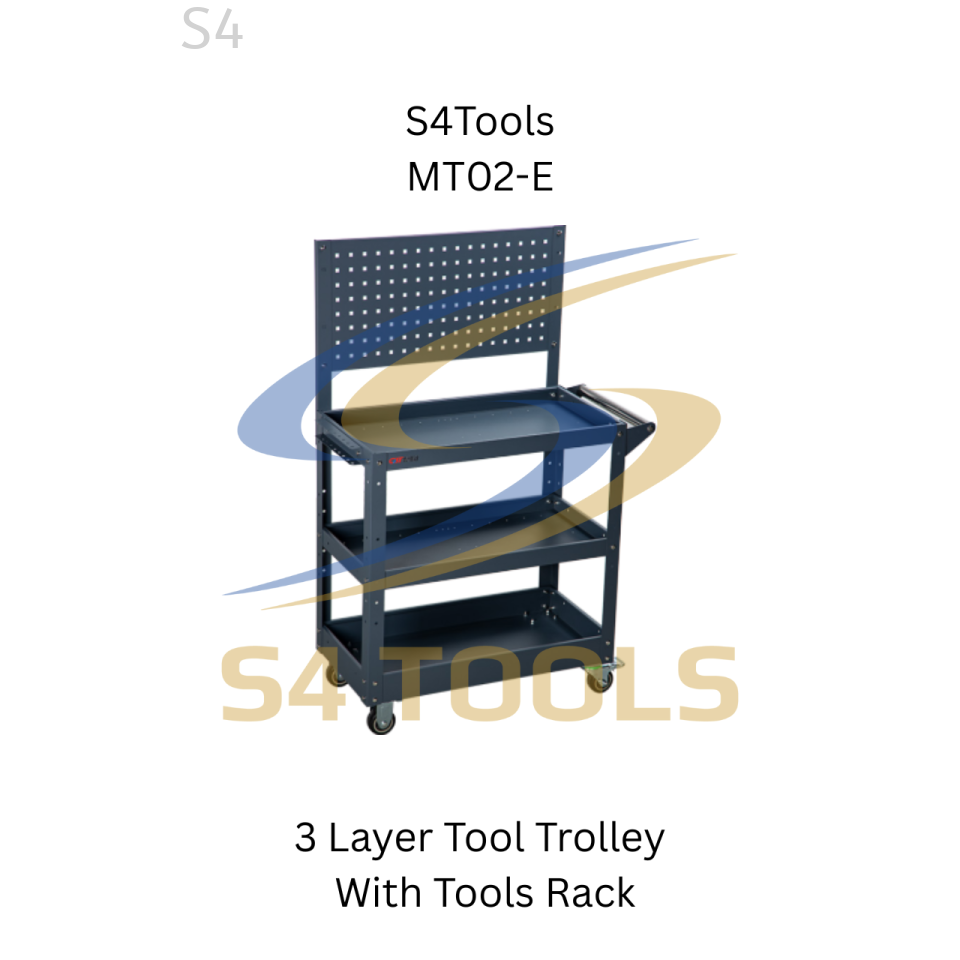 S4Tools MT02-E | Heavy Duty 3 Layer Tool Trolley With Tools Rack