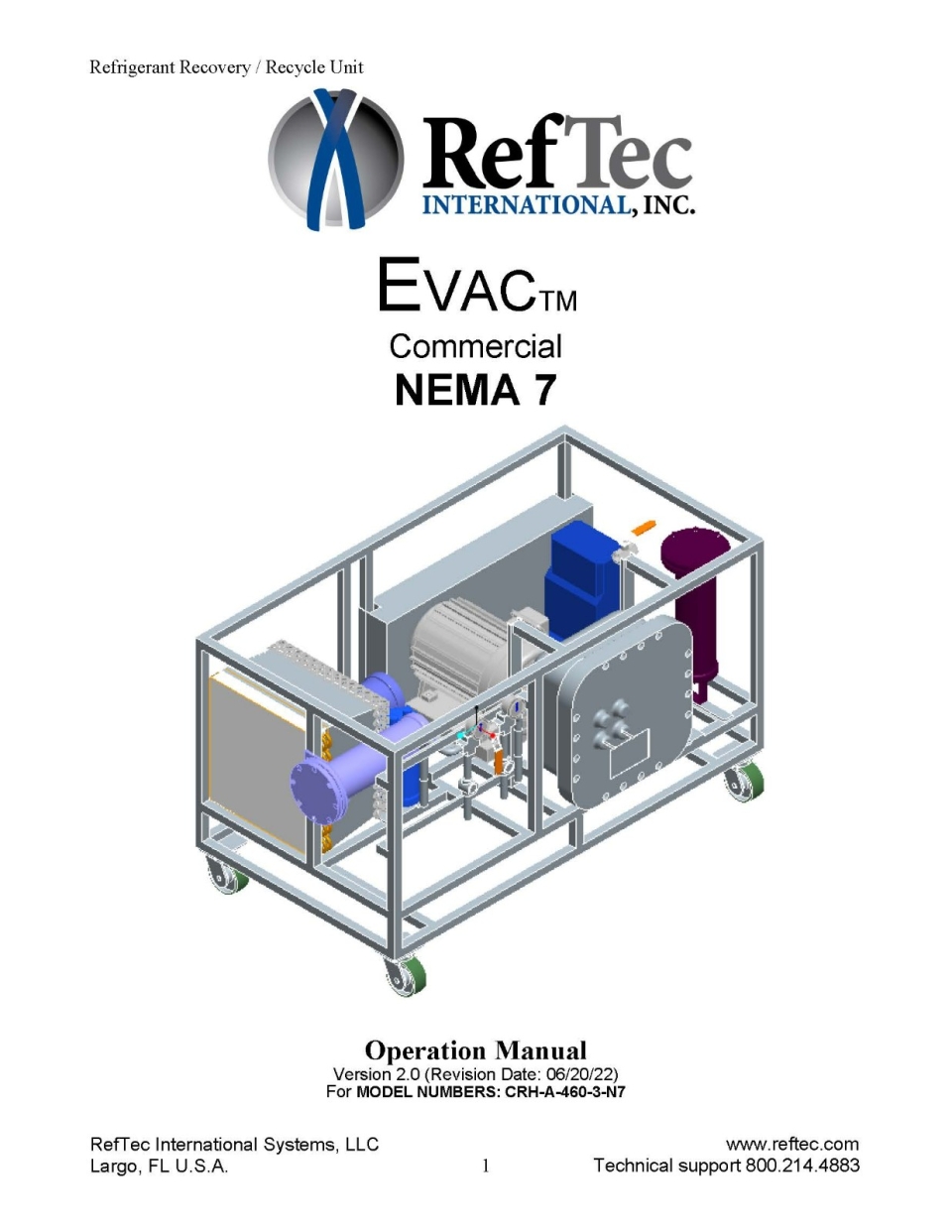 REFTEC CRH-A-240-1-N7 EVAC PERM MOUNT STYLE(1PH/3HP/50HZ)ELECTROMECHANICAL SET TO NEMA 7 STANDARD