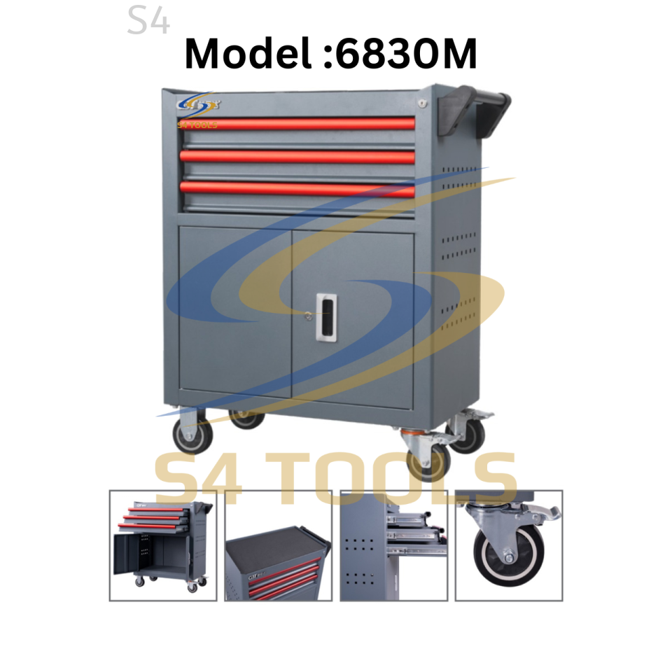 S4Tools 6830M | 3 Drawer x 1 Open Panel Trolley Cabinet With Mobility Wheels