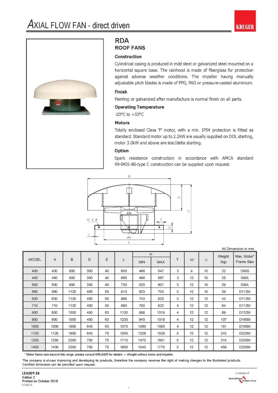 KRUGER RDA ROOF EXHAUST FANS