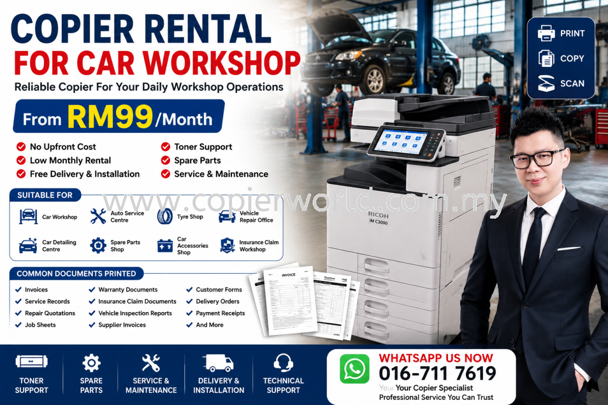Copier Rental for Car Workshop From RM99/Month | Auto Service Centre Copier Rental Malaysia