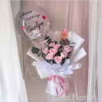 8 Pink Roses With Customise Bubble Balloon