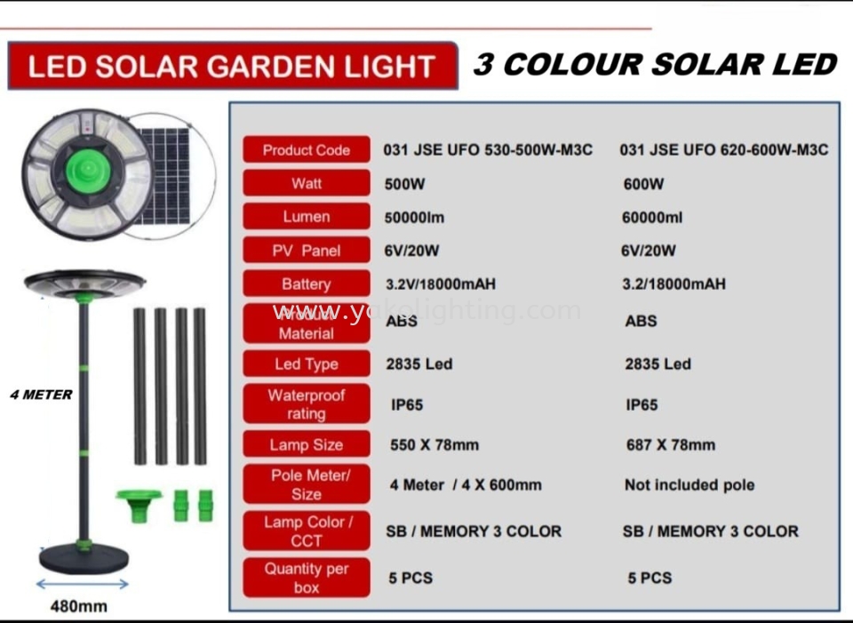 500W UFO SOLAR LIGHT C/W 4M POLE OUTDOOR STAND LAMP - 3 COLOUR