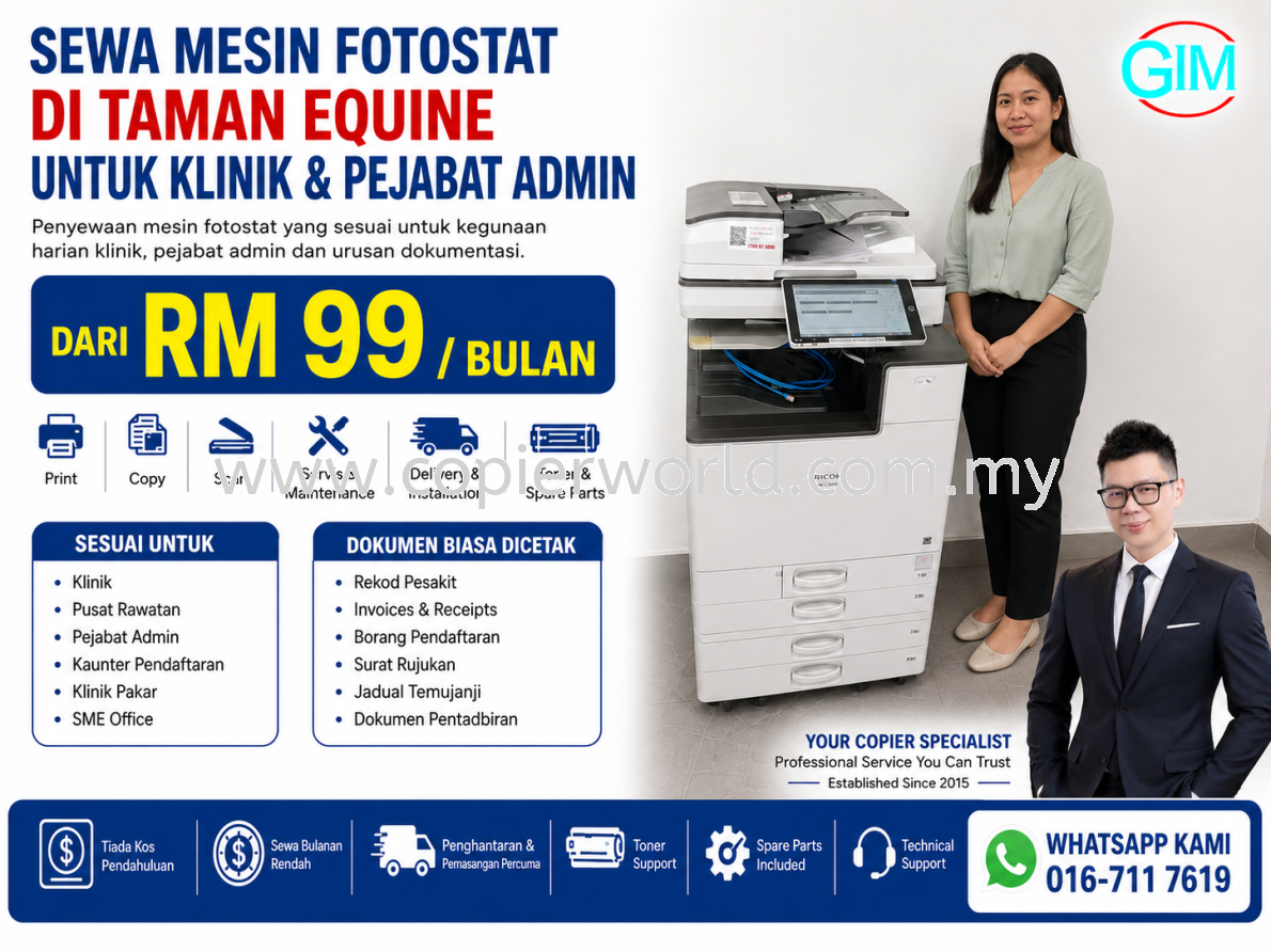 Sewa Mesin Fotostat di Taman Equine untuk Klinik & Pejabat Admin | Copier Rental Selangor