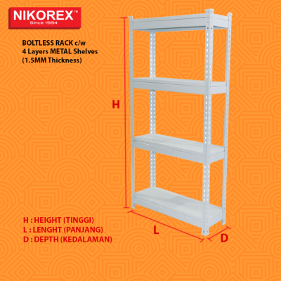 Metal Shelves (1.5MM Thickness) BOLTLESS RACK c/w 4 Layers