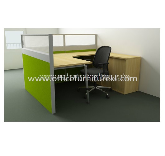 1 CLUSTER L-SHAPE WORKSTATION C/W HALF GLASS PARTITION, MONOTUBE LEG & SLIDING CABINET - Partition Workstation Bangsar | Partition Workstation Dataran Sunway | Partition Workstation Taman Melawati