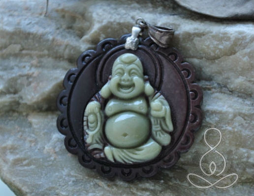 Jade Pendant 2.5'' Laughing Buddha Green Brown