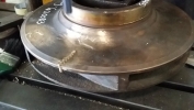 Bronze pump impeller cracked section & failed weld attempts, repaired by metal stitching  Bronze Pump Impeller  Metal Stitching Crack Repair 