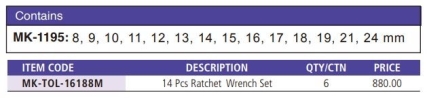 MK-TOL-16188M 14 PCS RATCHET WRENCH SET Wrenches and Wrench Sets