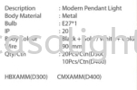 MODERN PENDANT SIZE D300MM/D400MM Metal Type Pendant Light PENDANT LIGHT