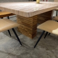 Marble Dining Table with Acacia Wood Base + Acacia Wood Bench + 5 Dining Arm Chairs