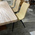 Marble Dining Table with Acacia Wood Base + Acacia Wood Bench + 5 Dining Arm Chairs
