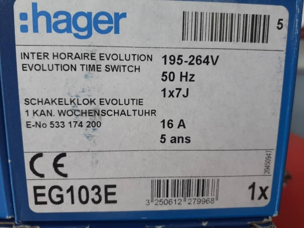 HAGER EG103E ELECTRONIC TIMER SWITCH 16A (195~264V/50HZ) 1 X 7J Hager  Electrical Subang Jaya, Selangor, Kuala Lumpur (KL), Malaysia. Supplier,  Supplies, Manufacturer, Wholesaler | Culmi Air-Cond & Refrigeration Parts  Supply Sdn Bhd