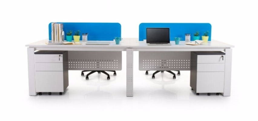 4 cluster blue acrylic AIM desking system rectangular workstation with vinca leg and high mobile pedestal