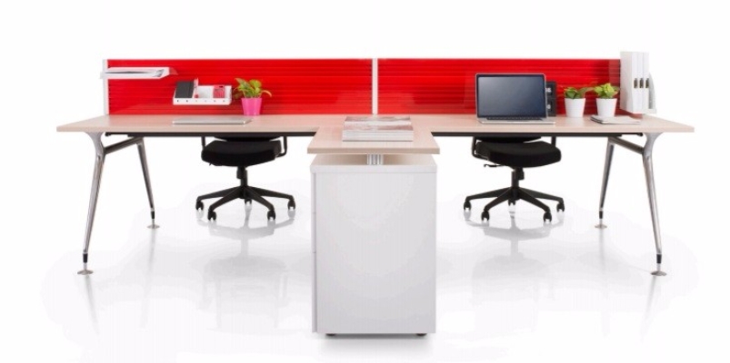 4 cluster red AIM desking system with abies leg and side credenza return