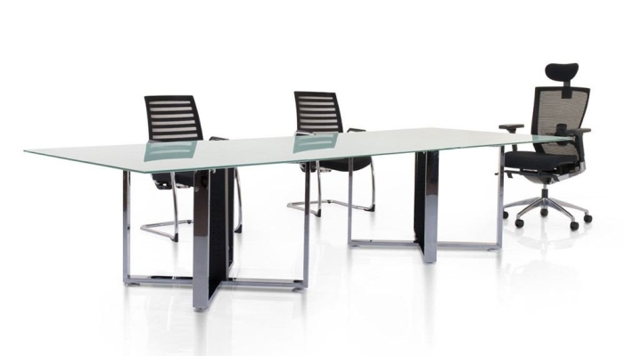 Rectangular tempered glass conference table with chrome cassia leg